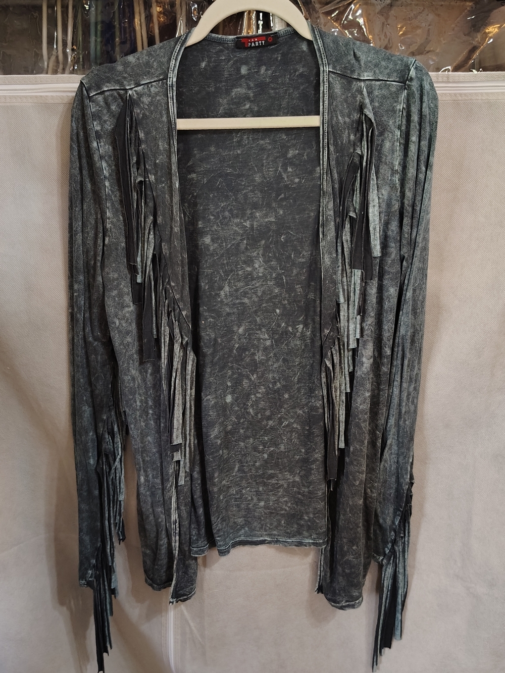 Fringe Open-Front Cardigan Sweater in Washed Gray